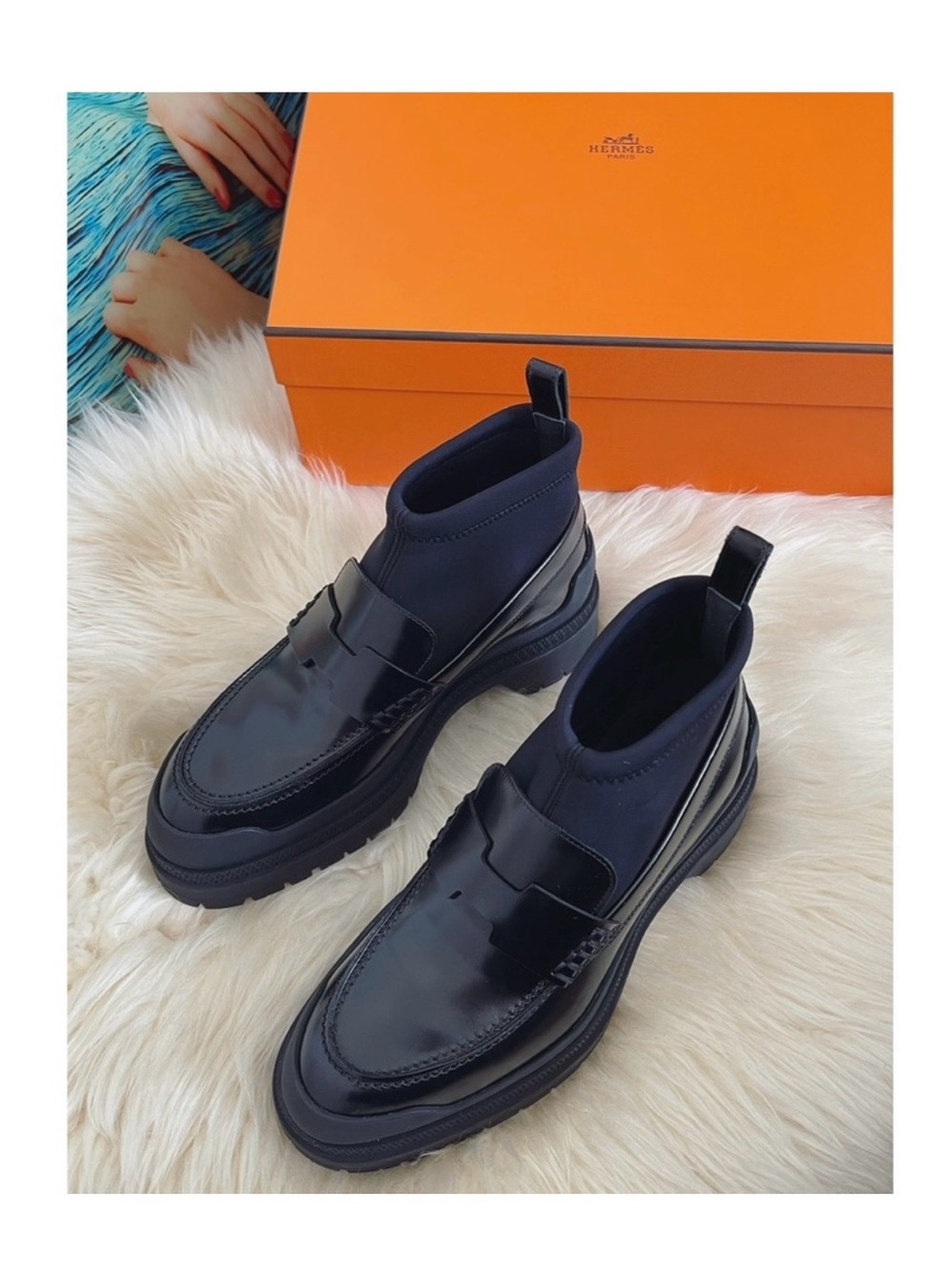 Hermes Navy Leather Platform  Loafers